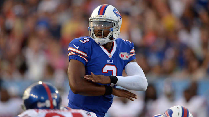 Aug 3, 2014; Canton, OH, USA; Buffalo Bills quarterback E.J. Manuel (3) gestures during the 2014 Hall of Fame game against the New York Giants at Fawcett Stadium. 