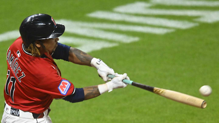 Cleveland Guardians third baseman Jose Ramirez (11) hits a game-winning RBI single in the tenth inning against the Toronto Blue Jays at Progressive Field on June 25. Cleveland Guardians third baseman Jose Ramirez (11) hits a game-winning RBI single in the tenth inning against the Toronto Blue Jays at Progressive Field on June 25.