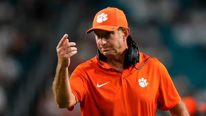 Oct 21, 2023; Miami Gardens, Florida, USA; Clemson Tigers head coach looks on against the Miami Hurricanes during the fourth quarter at Hard Rock Stadium. Mandatory Credit: Rich Storry-USA TODAY Sports Oct 21, 2023; Miami Gardens, Florida, USA; Clemson Tigers head coach looks on against the Miami Hurricanes during the fourth quarter at Hard Rock Stadium. Mandatory Credit: Rich Storry-USA TODAY Sports