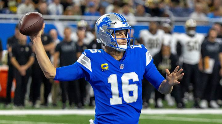Detroit Lions quarterback Jared Goff (16) throws from the pocket against the New Orleans Saints during the second half at Ford Field. Detroit Lions quarterback Jared Goff (16) throws from the pocket against the New Orleans Saints during the second half at Ford Field.