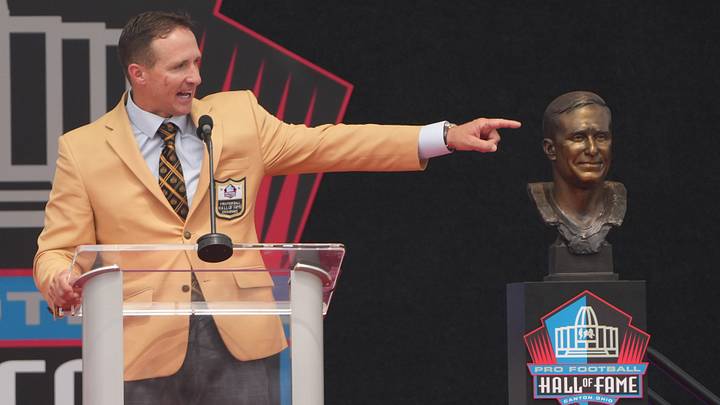 Drew Brees gives a speech during his Pro Football Hall of Fame Enshrinement in August. This week he is returning to New Orleans as a high school coach.