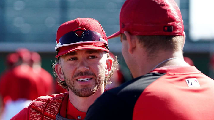 Cincinnati Reds major-league catching intern Joe Singley talks with Cincinnati Reds pitcher Joel Kuhnel (66) during workouts, Wednesday, March 23, 2022, at the team s spring training facility in Goodyear, Ariz.
Cincinnati Reds Spring Training March 23 0565 Cincinnati Reds major-league catching intern Joe Singley talks with Cincinnati Reds pitcher Joel Kuhnel (66) during workouts, Wednesday, March 23, 2022, at the team s spring training facility in Goodyear, Ariz.
Cincinnati Reds Spring Training March 23 0565