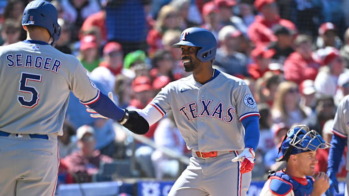 Mar 29, 2026; Philadelphia, Pennsylvania, USA; Texas Rangers center fielder Andrew McCutchen (4) celebrates his three-run home run with shortstop Corey Seager (5) against the Philadelphia Phillies during the third inning at Citizens Bank Park. Mandatory Credit: Eric Hartline-Imagn Images Mar 29, 2026; Philadelphia, Pennsylvania, USA; Texas Rangers center fielder Andrew McCutchen (4) celebrates his three-run home run with shortstop Corey Seager (5) against the Philadelphia Phillies during the third inning at Citizens Bank Park. Mandatory Credit: Eric Hartline-Imagn Images