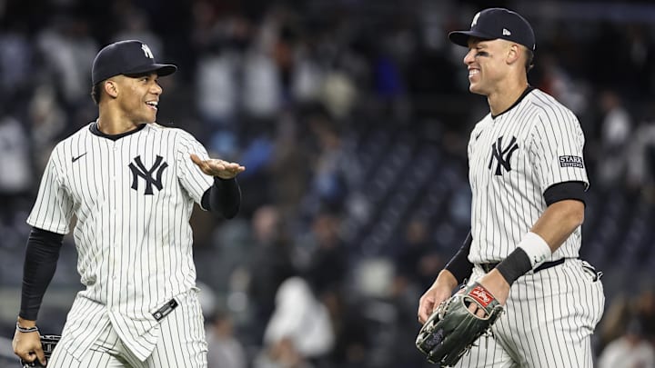 Apr 6, 2024; Bronx, New York, USA; New York Yankees  center fielder Aaron Judge (99) and right