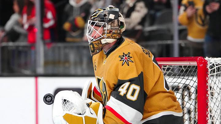 Mar 6, 2026; Las Vegas, Nevada, USA;Vegas Golden Knights goaltender Akira Schmid (40) warms up before a game against the Minnesota Wild at T-Mobile Arena. Mandatory Credit: Stephen R. Sylvanie-Imagn Images