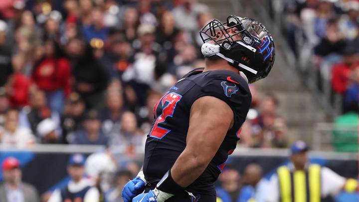Jan 4, 2026; Houston, Texas, USA;  Houston Texans defensive tackle Tommy Togiai (72) reacts  after a defensive play against the Indianapolis Colts during the first half at NRG Stadium. Mandatory Credit: Troy Taormina-Imagn Images