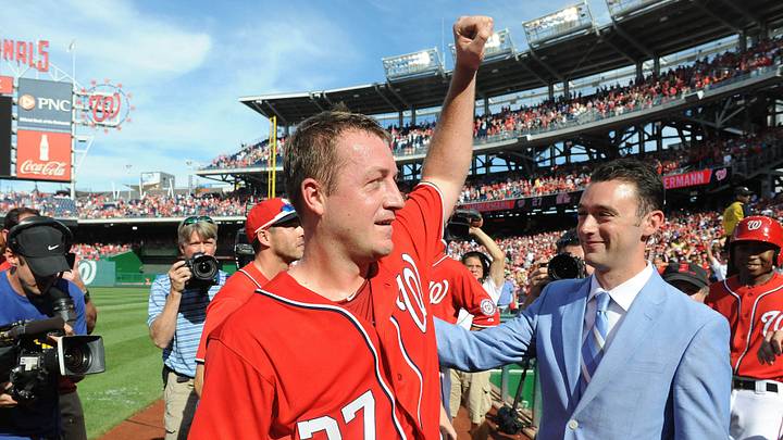 Sep 28, 2014; Washington, DC, USA; Washington Nationals starting pitcher Jordan Zimmermann (27) salutes the crowd after recording his final out of a no-hitter against the Miami Marlins at Nationals Park. Mandatory Credit: Brad Mills-USA TODAY Sports Sep 28, 2014; Washington, DC, USA; Washington Nationals starting pitcher Jordan Zimmermann (27) salutes the crowd after recording his final out of a no-hitter against the Miami Marlins at Nationals Park. Mandatory Credit: Brad Mills-USA TODAY Sports