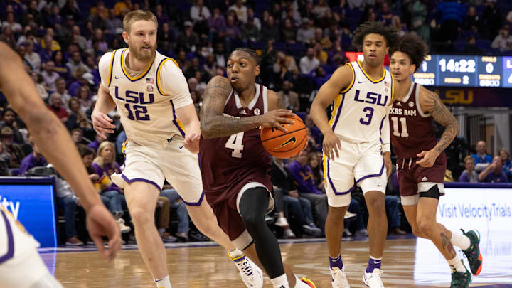 Jan 20, 2024; Baton Rouge, Louisiana, USA;  Texas A&M Aggies guard Wade Taylor IV (4) dribbles