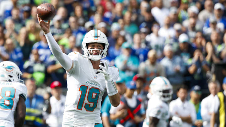 Miami Dolphins quarterback Skylar Thompson (19) passes against the Seattle Seahawks during the first quarter at Lumen Field. Miami Dolphins quarterback Skylar Thompson (19) passes against the Seattle Seahawks during the first quarter at Lumen Field.