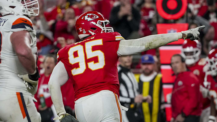 Dec 25, 2025; Kansas City, Missouri, USA; Kansas City Chiefs defensive tackle Chris Jones (95) celebrates after a play during the fourth quarter at GEHA Field at Arrowhead Stadium. Mandatory Credit: Denny Medley-Imagn Images