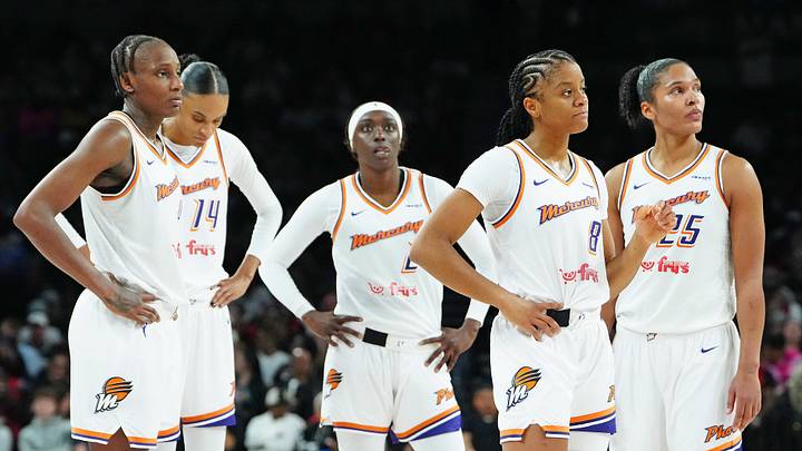 Oct 3, 2025; Las Vegas, Nevada, USA; Phoenix Mercury players react after their team was assessed a technical foul during the third quarter against the Las Vegas Aces in game one of the 2025 WNBA Finals at Michelob Ultra Arena. Mandatory Credit: Stephen R. Sylvanie-Imagn Images