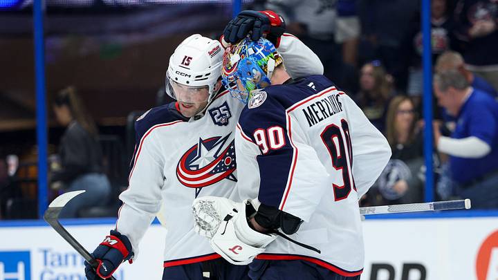 Mar 10, 2026; Tampa, Florida, USA; Columbus Blue Jackets goaltender Elvis Merzlikins (90) and defenseman Dante Fabbro (15) react after beating the Tampa Bay Lightning in the third period at Benchmark International Arena. Mandatory Credit: Nathan Ray Seebeck-Imagn Images Mar 10, 2026; Tampa, Florida, USA; Columbus Blue Jackets goaltender Elvis Merzlikins (90) and defenseman Dante Fabbro (15) react after beating the Tampa Bay Lightning in the third period at Benchmark International Arena. Mandatory Credit: Nathan Ray Seebeck-Imagn Images