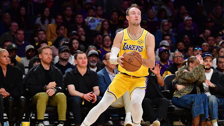 Feb 7, 2026; Los Angeles, California, USA; Los Angeles Lakers guard Luke Kennard (10). Mandatory Credit: Gary A. Vasquez-Imagn Images
