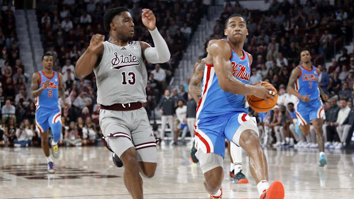 Feb 21, 2024; Starkville, Mississippi, USA; Mississippi Rebels guard Matthew Murrell (11) drives to