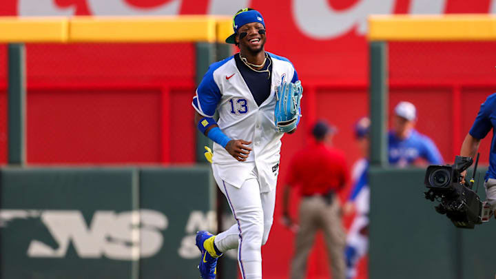 May 24, 2025; Atlanta, Georgia, USA; Atlanta Braves right fielder Ronald Acuna Jr. (13) celebrates after a victory over the San Diego Padres at Truist Park. Mandatory Credit: Brett Davis-Imagn Images