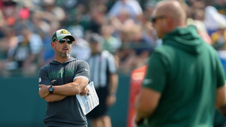 Green Bay Packers head coach Matt LaFleur surveys practice on Wednesday, August 6, 2025, at Ray Nitschke Field in Ashwaubenon, Wis.