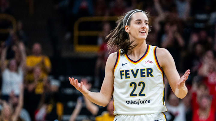 Indiana Fever guard Caitlin Clark (22) questions an official Sunday, May 4, 2025, during a preseason game between the Indiana Fever and the Brazil national team at Carver-Hawkeye Arena in Iowa City. Indiana Fever guard Caitlin Clark (22) questions an official Sunday, May 4, 2025, during a preseason game between the Indiana Fever and the Brazil national team at Carver-Hawkeye Arena in Iowa City.
