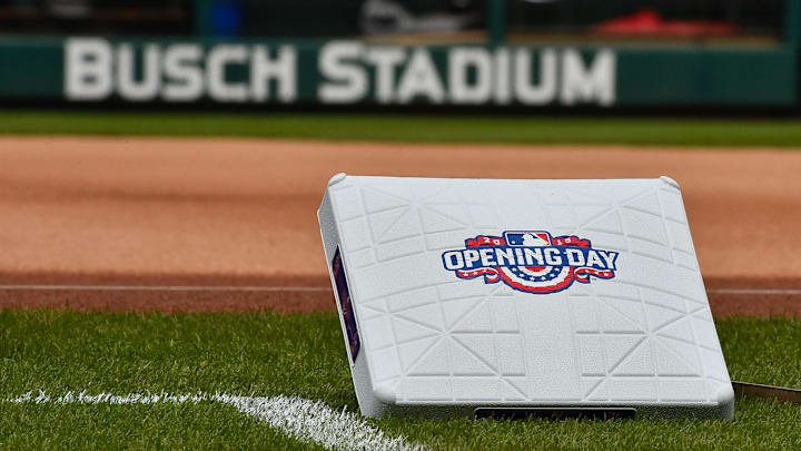 Apr 13, 2015; St. Louis, MO, USA; General view of a base to be used in the St. Louis Cardinals 2015 home opener against the Milwaukee Brewers at Busch Stadium. Mandatory Credit: Jasen Vinlove-Imagn Images
