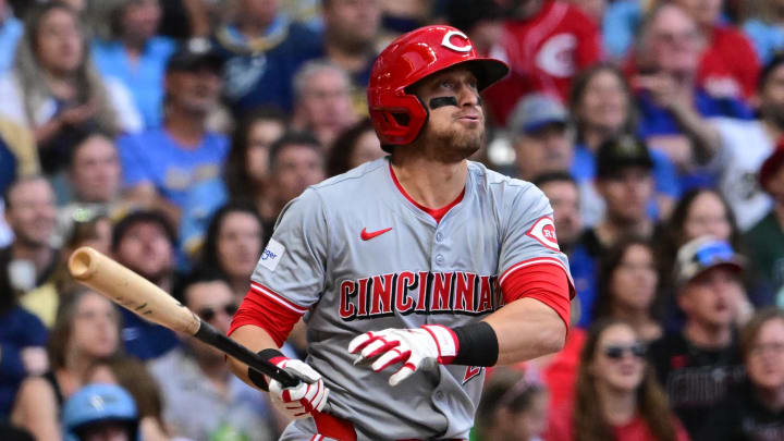 Jun 14, 2024; Milwaukee, Wisconsin, USA; Cincinnati Reds center fielder TJ Friedl (29) hits a solo home run in the third inning against the Milwaukee Brewers at American Family Field. Mandatory Credit: Benny Sieu-USA TODAY Sports
