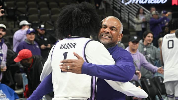 Kansas State coach Jerome Tang celebrates with guard Abdi Bashir Jr. after a win against Creighton. Kansas State coach Jerome Tang celebrates with guard Abdi Bashir Jr. after a win against Creighton.