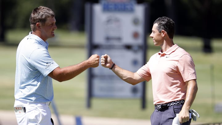 Scottie Scheffler and Rory McIlroy (right) will take on Brooks Koepka and Bryson DeChambeau (left) in the Crypto.com Showdown, a matchup between stars of the PGA Tour and LIV Golf.