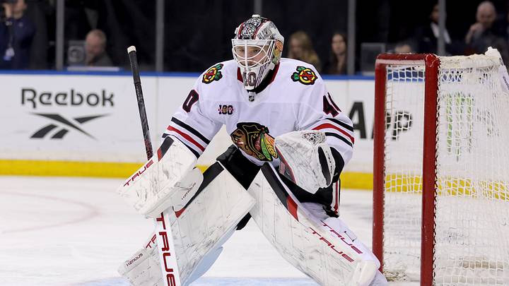 Mar 27, 2026; New York, New York, USA; Chicago Blackhawks goaltender Arvid Soderblom (40) tends net against the New York Rangers during the second period at Madison Square Garden. Mandatory Credit: Brad Penner-Imagn Images