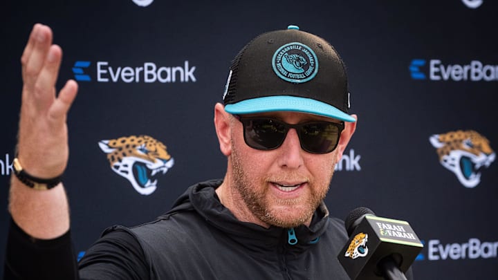 Jacksonville Jaguars head coach Liam Coen answers questions during a press conference after the seventh organized team activity at the Miller Electric Center in Jacksonville, Fla. Monday, June 2, 2025. [Doug Engle/Florida Times-Union]