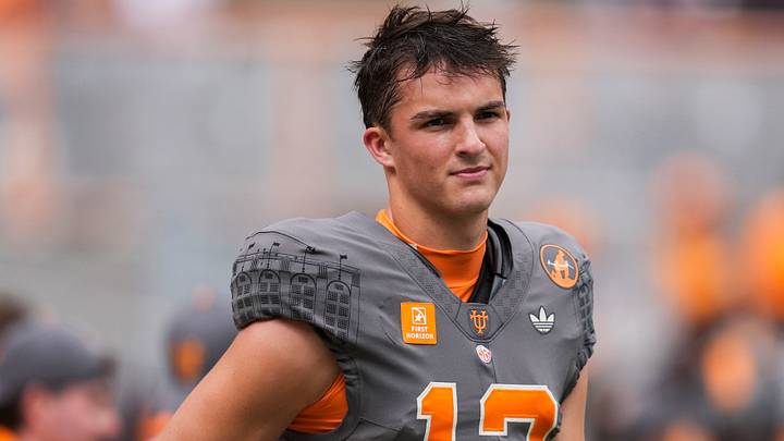 Tennessee quarterback George MacIntyre (12) during warm-ups before a college football game between Tennessee and Auburn at Neyland Stadium in Knoxville, Tenn., on Oct. 3, 2026. Tennessee quarterback George MacIntyre (12) during warm-ups before a college football game between Tennessee and Auburn at Neyland Stadium in Knoxville, Tenn., on Oct. 3, 2026.