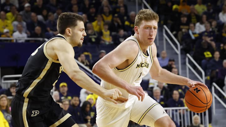 Feb 11, 2025; Ann Arbor, Michigan, USA;  Michigan Wolverines center Danny Wolf (1) dribbles against Purdue Boilermakers forward Camden Heide (23) in the first half at Crisler Center. Mandatory Credit: Rick Osentoski-Imagn Images