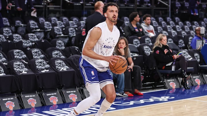 Apr 19, 2025; New York, New York, USA;  New York Knicks guard Landry Shamet (44) warms up prior to Game One of the First Round of the NBA Playoffs against the Detroit Pistons at Madison Square Garden. Mandatory Credit: Wendell Cruz-Imagn Images