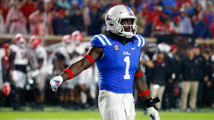 Nov 9, 2024; Oxford, Mississippi, USA; Mississippi Rebels defensive lineman Princely Umanmielen (1) reacts during the second half against the Georgia Bulldogs at Vaught-Hemingway Stadium. Mandatory Credit: Petre Thomas-Imagn Images Nov 9, 2024; Oxford, Mississippi, USA; Mississippi Rebels defensive lineman Princely Umanmielen (1) reacts during the second half against the Georgia Bulldogs at Vaught-Hemingway Stadium. Mandatory Credit: Petre Thomas-Imagn Images