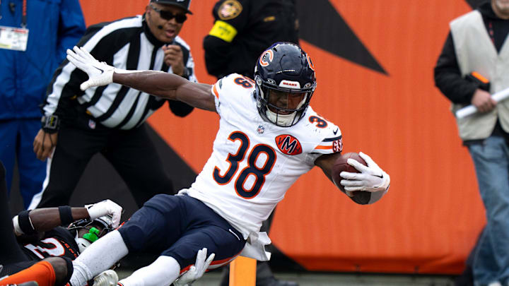 Bears running back Brittain Brown scores a touchdown against Cincinnati after being elevated from the practice squad.