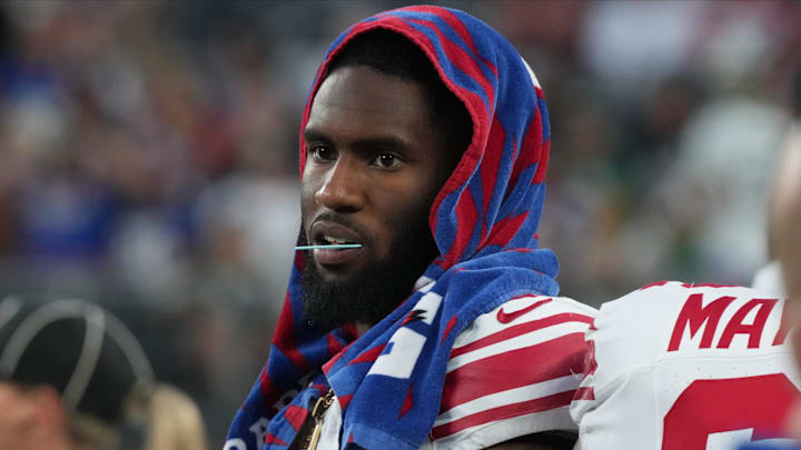 East Rutherford, NJ -- August 24, 2024 -- Brian Burns of the Giants on the sidelines in the first half. The New York Giants and New York Jets meet at MetLife Stadium in the final preseason game of the 2024 season for both teams.