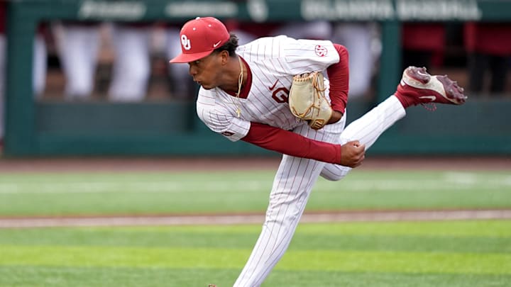 Oklahoma's Kyson Witherspoon (26) during the college baseball game between the University of Oklahoma Sooners and the LSU Tigers at L. Dale Mitchell Park in Norman, Okla., Thursday, April, 3, 2025. Oklahoma's Kyson Witherspoon (26) during the college baseball game between the University of Oklahoma Sooners and the LSU Tigers at L. Dale Mitchell Park in Norman, Okla., Thursday, April, 3, 2025.