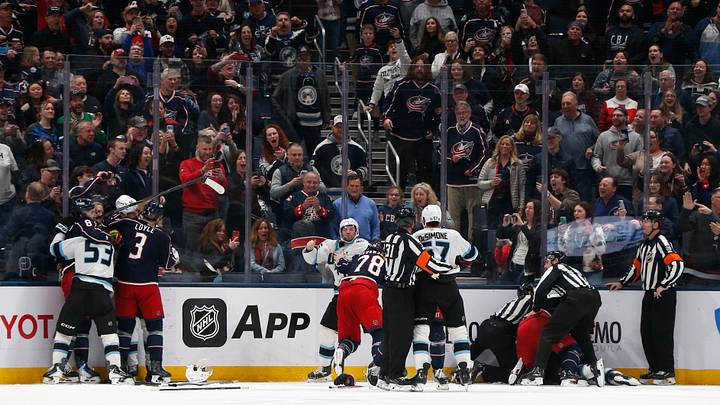 Mar 7, 2026; Columbus, Ohio, USA; A scrum breaks out between the Utah Mammoth and Columbus Blue Jackets during the third period at Nationwide Arena. Mandatory Credit: Russell LaBounty-Imagn Images