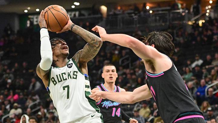 Feb 24, 2026; Milwaukee, Wisconsin, USA; Milwaukee Bucks guard Kevin Porter (7) takes a shot against Miami Heat forward Jaime Jaquez Jr. (11) in the second quarter at Fiserv Forum. Mandatory Credit: Benny Sieu-Imagn Images Feb 24, 2026; Milwaukee, Wisconsin, USA; Milwaukee Bucks guard Kevin Porter (7) takes a shot against Miami Heat forward Jaime Jaquez Jr. (11) in the second quarter at Fiserv Forum. Mandatory Credit: Benny Sieu-Imagn Images