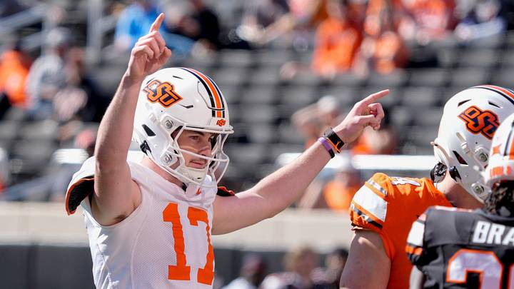 Oklahoma State's Drew Mestemaker celebrates after an OSU touchdown during a spring football game for the Oklahoma State University Cowboys at Boone Pickens Stadium in Stillwater, Okla., Saturday, April 18, 2026. Oklahoma State's Drew Mestemaker celebrates after an OSU touchdown during a spring football game for the Oklahoma State University Cowboys at Boone Pickens Stadium in Stillwater, Okla., Saturday, April 18, 2026.