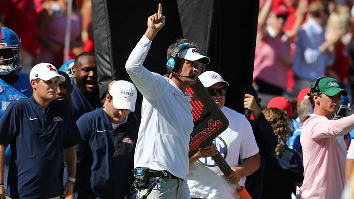 Sep 27, 2025; Oxford, Mississippi, USA; Mississippi Rebels head coach Lane Kiffin reacts during the first quarter against the LSU Tigers at Vaught-Hemingway Stadium. Mandatory Credit: Petre Thomas-Imagn Images Sep 27, 2025; Oxford, Mississippi, USA; Mississippi Rebels head coach Lane Kiffin reacts during the first quarter against the LSU Tigers at Vaught-Hemingway Stadium. Mandatory Credit: Petre Thomas-Imagn Images