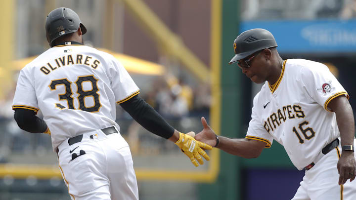 Apr 9, 2024; Pittsburgh, Pennsylvania, USA;  Pittsburgh Pirates right fielder Edward Olivares (38)