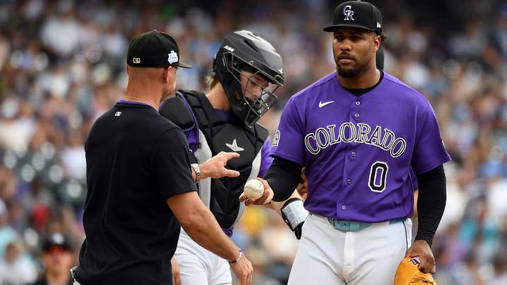 Colorado Rockies pitcher Jaden Hill (0) is taken out of the game by manager Warren Schaeffer. Colorado Rockies pitcher Jaden Hill (0) is taken out of the game by manager Warren Schaeffer.