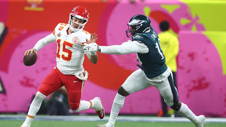 Feb 9, 2025; New Orleans, LA, USA; Kansas City Chiefs quarterback Patrick Mahomes (15) is tackled by Philadelphia Eagles linebacker Josh Sweat (19) in Super Bowl LIX between the Philadelphia Eagles and the Kansas City Chiefs at Ceasars Superdome. 