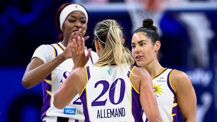 Aug 15, 2025; Arlington, Texas, USA;  Los Angeles Sparks forward Rickea Jackson (2) celebrates with Los Angeles Sparks guard Julie Allemand (20) and Los Angeles Sparks guard Kelsey Plum (10) against the Dallas Wings during the second half at College Park Center. Mandatory Credit: Kevin Jairaj-Imagn Images