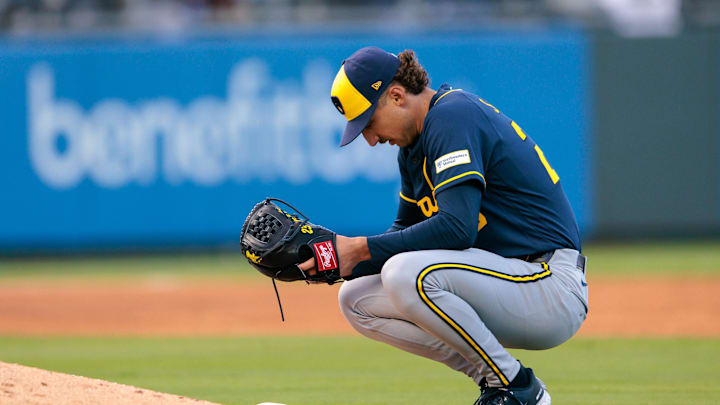 Apr 4, 2026; Kansas City, Missouri, USA; Milwaukee Brewers pitcher Brandon Sproat (23) behind the mound during the third inning against the Kansas City Royals at Kauffman Stadium. Mandatory Credit: William Purnell-Imagn Images