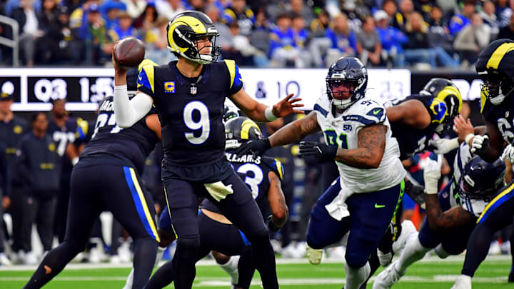 Nov 16, 2025; Inglewood, California, USA; Los Angeles Rams quarterback Matthew Stafford (9) throws a during the second half against the Seattle Seahawks at SoFi Stadium. Mandatory Credit: Gary A. Vasquez-Imagn Images