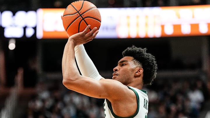 Michigan State guard Jaden Akins (3) makes a jump shot against Minnesota during the second half at Breslin Center in East Lansing on Tuesday, Jan. 28, 2025. Michigan State guard Jaden Akins (3) makes a jump shot against Minnesota during the second half at Breslin Center in East Lansing on Tuesday, Jan. 28, 2025.