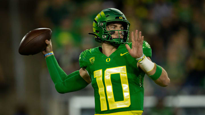 Oregon quarterback Bo Nix throws out a pass during the first half as the No. 13 Oregon Ducks take on the Stanford Cardinal Saturday, Oct. 1, 2022, at Autzen Stadium in Eugene, Ore.

Ncaa Football Oregon Stanford Football Stanford At Oregon