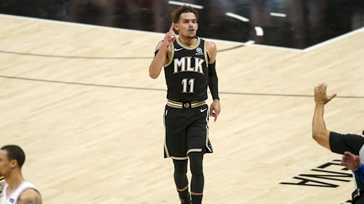 Jun 14, 2021; Atlanta, Georgia, USA; Atlanta Hawks guard Trae Young (11) celebrates after a three-pointer against the Philadelphia 76ers in the third quarter during game four in the second round of the 2021 NBA Playoffs at State Farm Arena. Mandatory Credit: Brett Davis-Imagn Images
Jun 14, 2021; Atlanta, Georgia, USA; Atlanta Hawks guard Trae Young (11) celebrates after a three-pointer against the Philadelphia 76ers in the third quarter during game four in the second round of the 2021 NBA Playoffs at State Farm Arena. Mandatory Credit: Brett Davis-Imagn Images