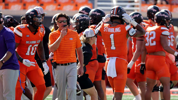 Oklahoma State head football coach Mike Gundy is pictured in the first half of the college football between the Oklahoma State University Cowboys and the Utah Utes at Boone Pickens Stadium in Stillwater, Okla., Saturday, Sept., 21, 2024.
