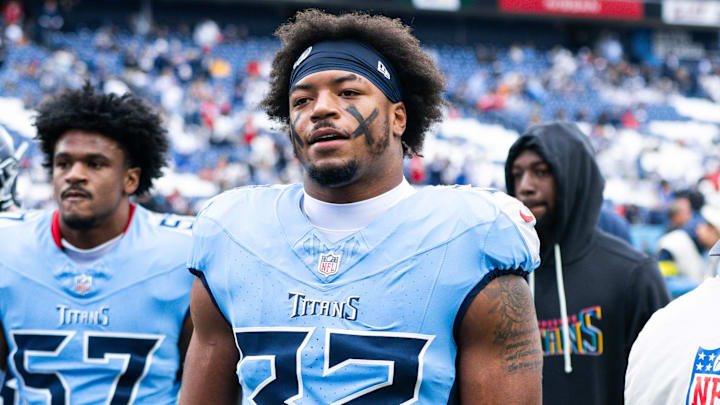 Oct 19, 2025; Nashville, Tennessee, USA;  Tennessee Titans linebacker Cedric Gray (33) against the New England Patriots during pre-game warmups at Nissan Stadium. Mandatory Credit: Steve Roberts-Imagn Images