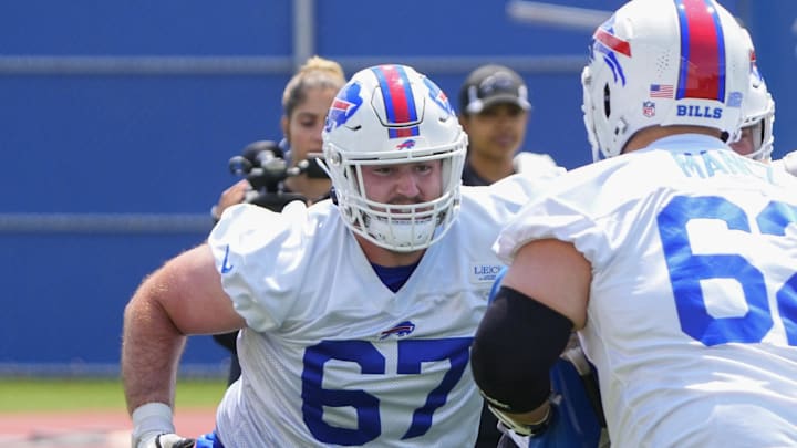 Jun 13, 2023; Buffalo, NY, USA; Buffalo Bills guard Nick Broeker (67) participates in blocking drills